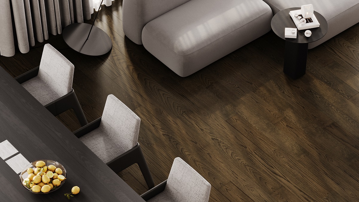 Натуральный кварцевый паркет Quartz Parquet темного оттенка палубной укладки в дизайне обеденной зоны